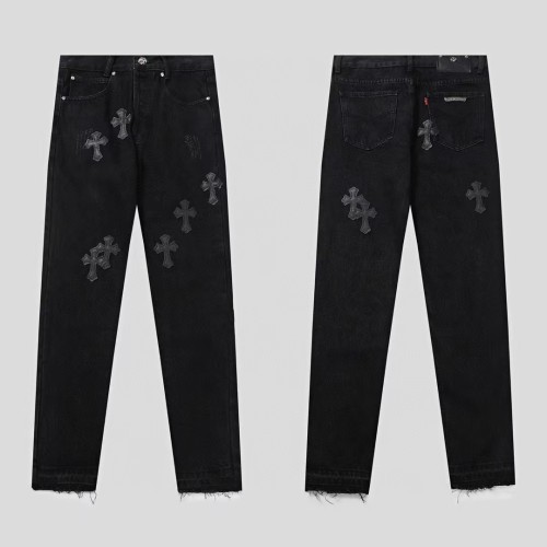 Chrome Hearts Washed Distressed Pants Hand-painted Cross Leather Jeans