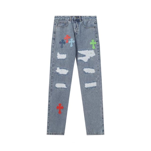 Chrome Hearts Washed Distressed Hand-painted Cross Pants Unisex Straight Leg Pants