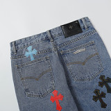 Chrome Hearts Washed Distressed Hand-painted Cross Pants Unisex Straight Leg Pants