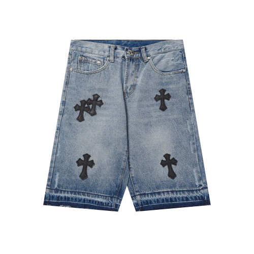 Chrome Hearts Fashion Distressed Embroidery Raw Edges Denim Shorts Unisex Casual Loose Short