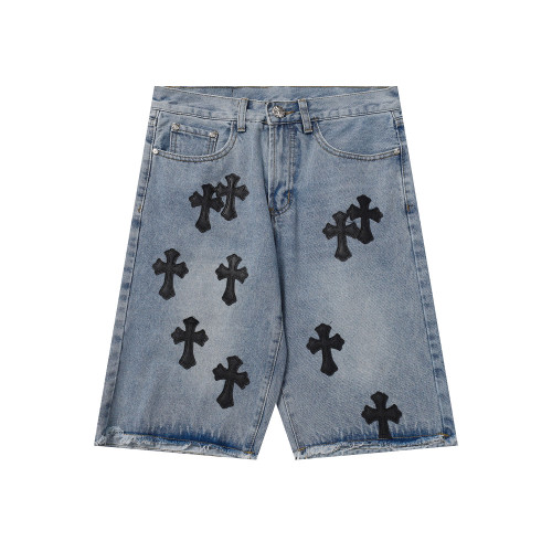 Chrome Hearts Embroidery Raw Edges Denim Shorts Unisex Washed Distressed Shorts