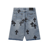 Chrome Hearts Embroidery Raw Edges Denim Shorts Unisex Washed Distressed Shorts