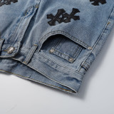 Chrome Hearts Embroidery Raw Edges Denim Shorts Unisex Washed Distressed Shorts