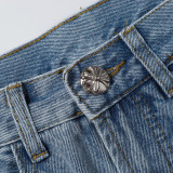 Chrome Hearts Embroidery Raw Edges Denim Shorts Unisex Washed Distressed Shorts