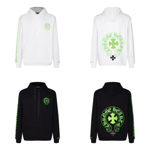 Chrome Hearts Fluorescent Green Leather Cross Sheepskin Embroidered Horseshoe Hoodie