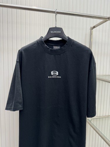 Balenciaga Classic Double Ring Letter Embroidered Hem Damaged Short Sleeve T-shirt