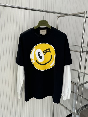 Gucci New Trendy Smiling Face Spliced Fake Two Piece Long Sleeved T-shirts