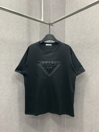 Prada Classic Triangle Leather Logo T-shirt Unisex Loose Short Sleeves