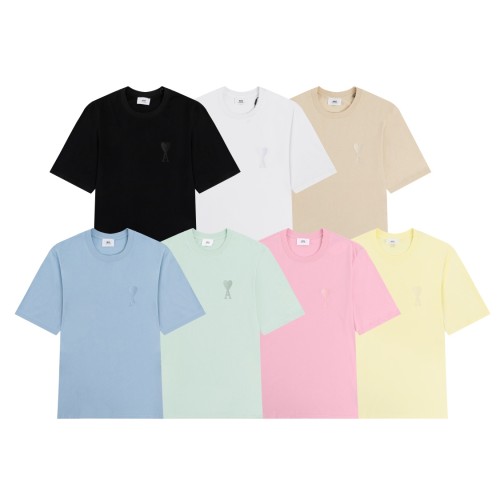 Ami Paris New Macaron Candy Embroidery Love Short Sleeve Short Sleeve Couple Casual T-shirt