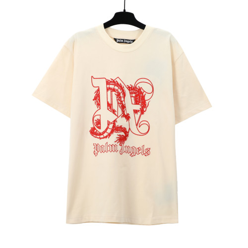 Palm Angels Embroidery Chinese Loong Letter T-shirt Unisex Casual Loose Short Sleeve