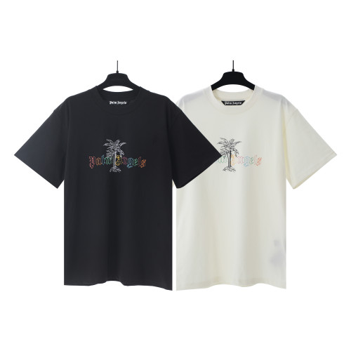 Palm Angels Coconut Tree Colorful Logo Print T-shirt Unisex Casual Loose Short Sleeves