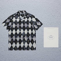 Prada Fashion Oil Painting Diamond Full Print Polo Shirt Couple Casual Loose Shirt