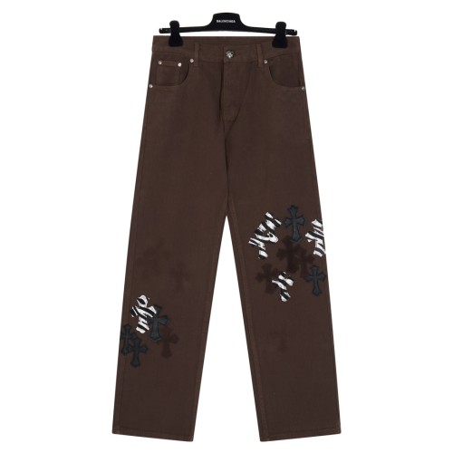 Chrome Hearts Trendy Deep Brown Zebra Spliced Skin Cross Pasted Skin Wash Jeans