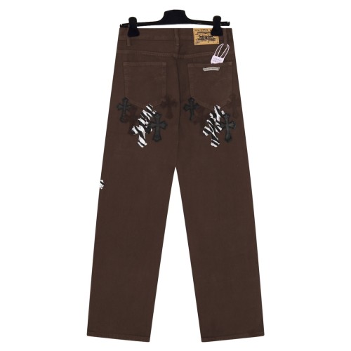 Chrome Hearts Trendy Deep Brown Zebra Spliced Skin Cross Pasted Skin Wash Jeans