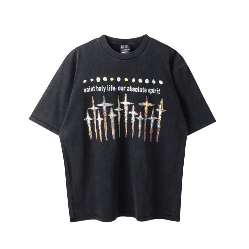 Saint Michael Fashion GOD Washed Distressed Short Sleeve Casual Street T-shirt