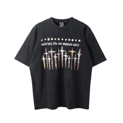 Saint Michael Fashion GOD Washed Distressed Short Sleeve Casual Street T-shirt