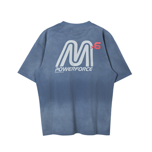 Saint Michael Washed Distressed Letter Print Round Neck T-shirt Casual Cotton Short Sleeve