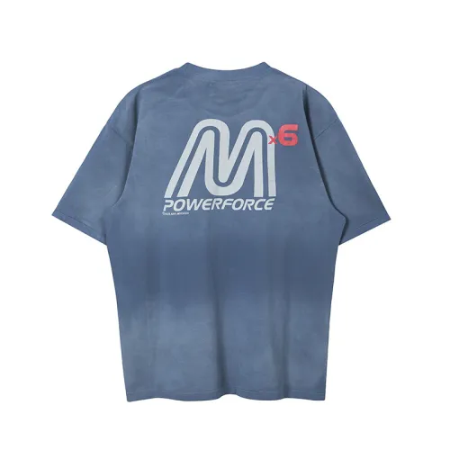 Saint Michael Washed Distressed Letter Print Round Neck T-shirt Casual Cotton Short Sleeve