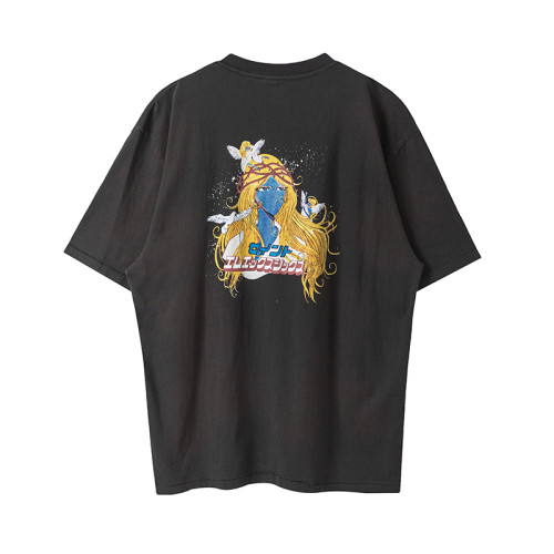 Saint Michael Fashion Printed Short Sleeve Unisex Casual Washed Distressed T-shirt
