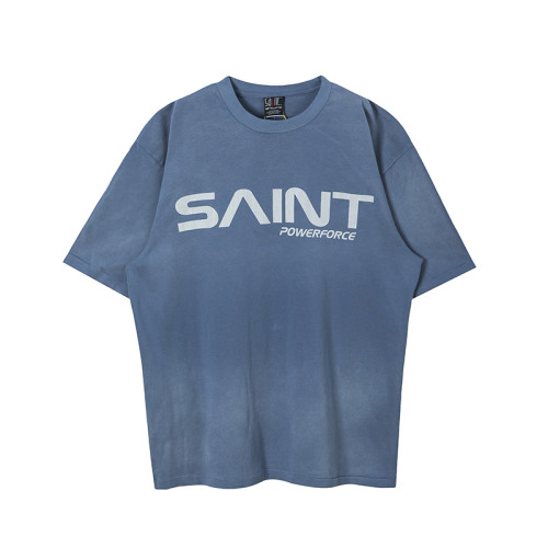 Saint Michael Washed Distressed Letter Print Round Neck T-shirt Casual Cotton Short Sleeve