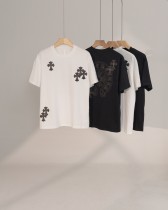 Chrome Hearts Fashion Leather Cross Print Short Sleeve Couple Loose T-shirt