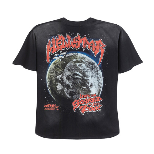 Hellstar Studios Washed Wolf Head Full Moon Print Short Sleeve Unisex Casual T-shirt