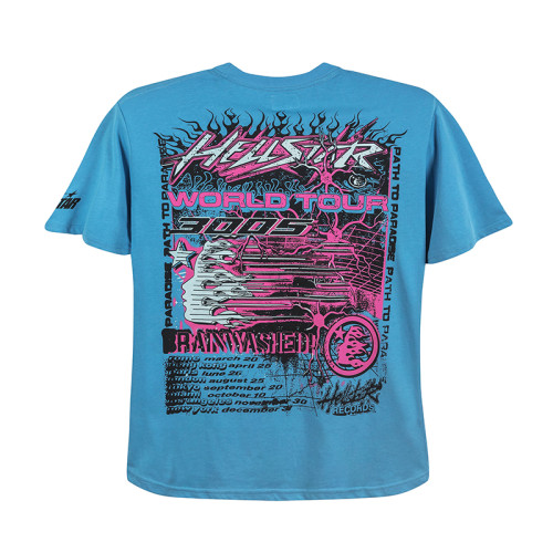 Hellstar Fashion Vintage Short Sleeve Unisex Blue Crew Neck Washed Tee