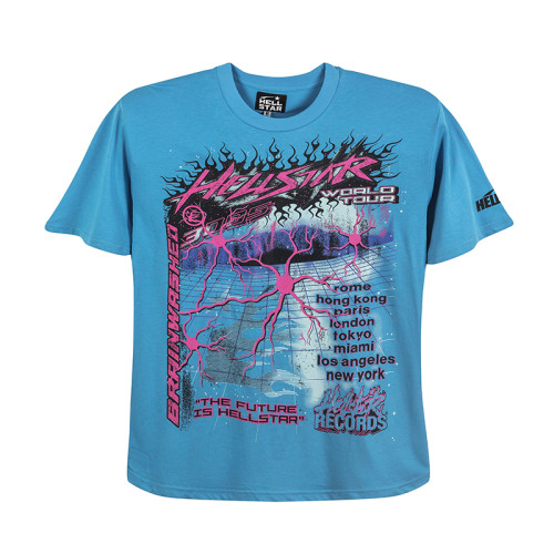 Hellstar Fashion Vintage Short Sleeve Unisex Blue Crew Neck Washed Tee
