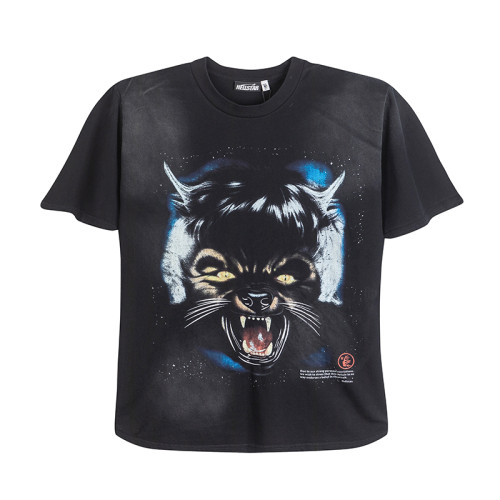 Hellstar Studios Washed Wolf Head Full Moon Print Short Sleeve Unisex Casual T-shirt
