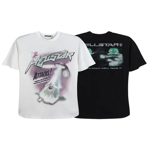 Hellstar Studios Washed Alien Logo Printed Short Sleeve Unisex Casual Street Tee
