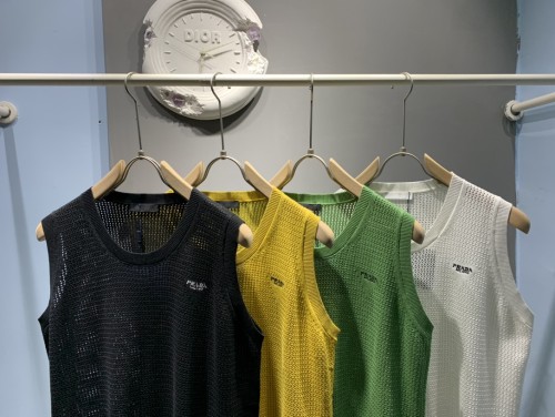 Prada Fashion Unisex Embroidered Logo Mesh Knitted Tank Top