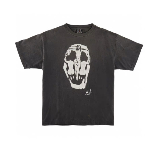 Saint Michael Fashion Skull Printed Distressed Short Sleeve Unisex Casual Street Tee