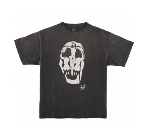 Saint Michael Fashion Skull Printed Distressed Short Sleeve Unisex Casual Street Tee