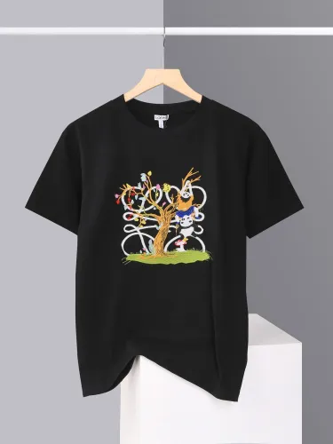 Loewe Classic Panda Embroidered Round Neck Short Sleeve Versatile Casual T-shirt