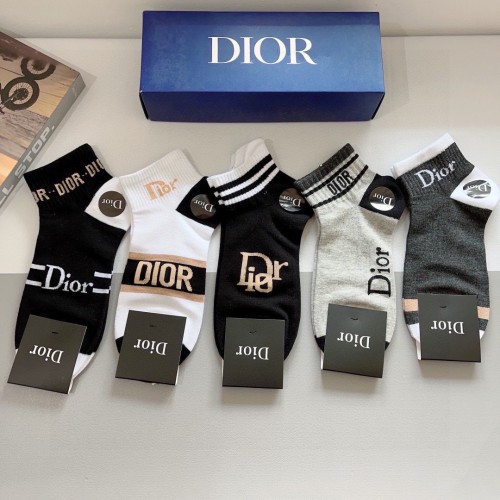 Dior Fashion Unisex Socks Casual Cotton Letter Jacquard Ribbed Short Socks 5 Pairs/Box