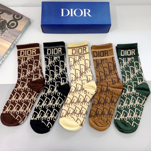 Dior Fashion Unisex Socks Casual Cotton Letter Jacquard Socks 5 Pairs/Box