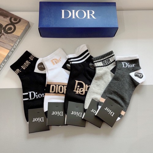 Dior Fashion Unisex Socks Casual Cotton Letter Jacquard Ribbed Short Socks 5 Pairs/Box
