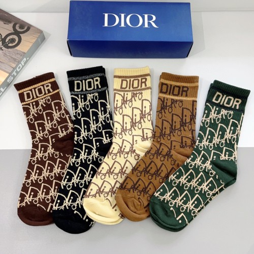 Dior Fashion Unisex Socks Casual Cotton Letter Jacquard Socks 5 Pairs/Box