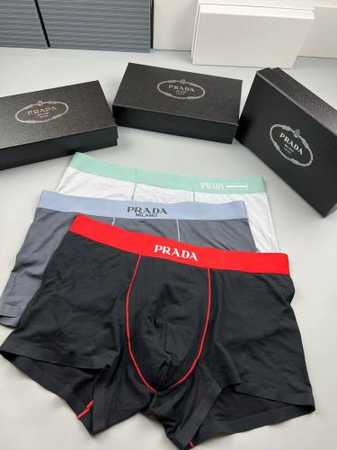 Prada Fashion Soft Boxer Briefs Breathable Men's Classic Logo Underwear 3 Pieces/Box