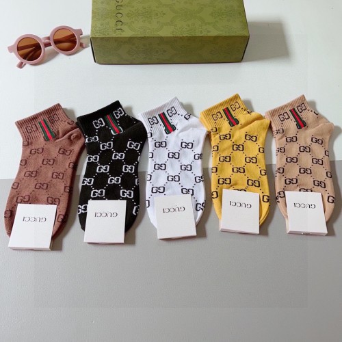 Gucci Fashion Unisex Casual Cotton Socks Classic Full Logo Jacquard Socks 5 Pairs/Box