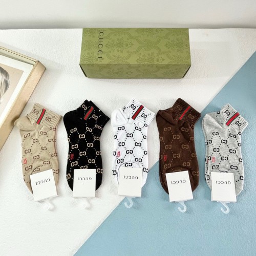 Gucci Fashion Unisex Web Slide Casual Cotton Socks Classic Full Logo Jacquard Socks 5 Pairs/Box