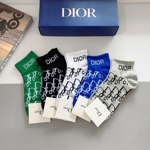 Dior Fashion Unisex Socks Casual Cotton Full Logo Jacquard Short Socks 5 Pairs/Box