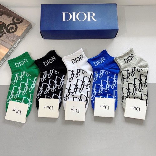 Dior Fashion Unisex Socks Casual Cotton Full Logo Jacquard Short Socks 5 Pairs/Box