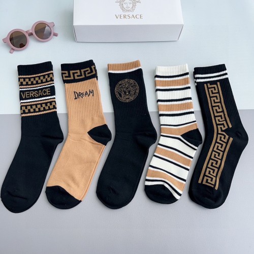 Versace  Fashion Unisex Casual Cotton Socks Classic Logo Jacquard Street Socks 5 Pairs/Box