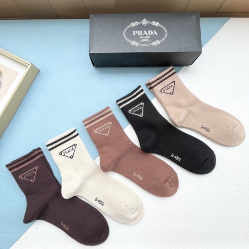 Prada Fashion Unisex Casual Cotton Socks Classic Triangle Letter Socks 5 Pairs/Box