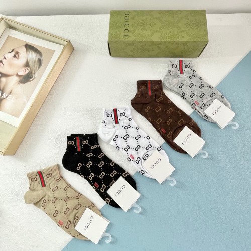 Gucci Fashion Unisex Web Slide Casual Cotton Socks Classic Full Logo Jacquard Socks 5 Pairs/Box