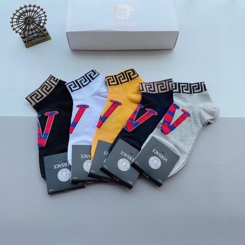 Versace Fashion Unisex Casual Cotton Socks Classic Logo Jacquard Street Socks 5 Pairs/Box