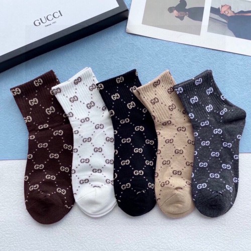 Gucci Fashion Unisex Casual Cotton Socks Classic Full Logo Jacquard Socks 5 Pairs/Box