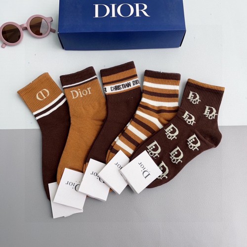 Dior Fashion Unisex Socks Casual Cotton Letter Jacquard Short Socks 5 Pairs/Box