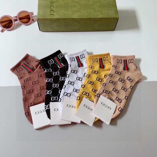 Gucci Fashion Unisex Casual Cotton Socks Classic Full Logo Jacquard Socks 5 Pairs/Box